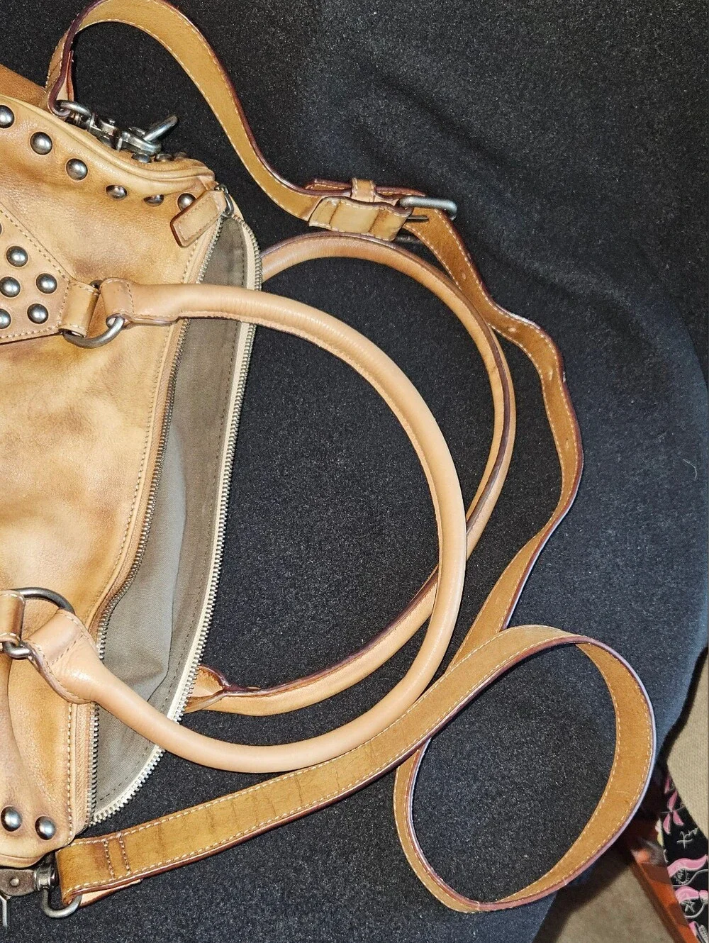 Unbranded Studded Tan Distressed Faux Leather Satchel Handbag w/Crossbody Strap